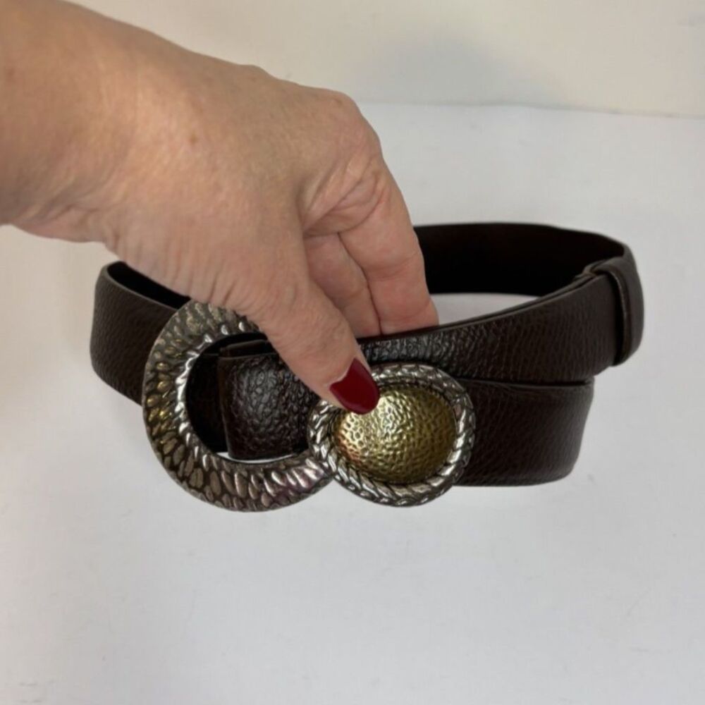 Chico’s Dark Brown Textured Leather Belt Interlock Hammered Silver & Gold Buckle - Picture 4 of 6
